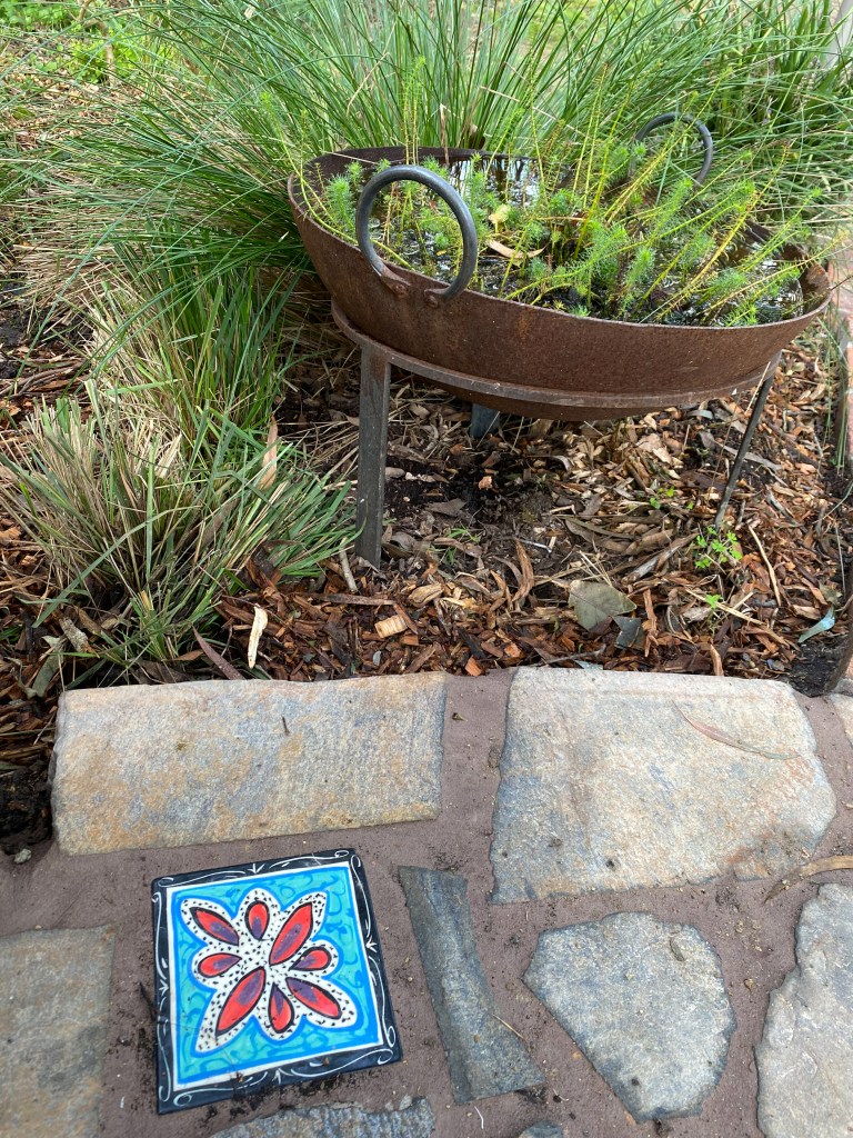 Perennial Update - Repurposed firepit and Mary Lou Pittard Tiles